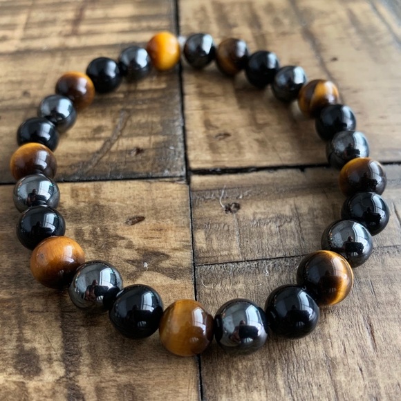 8mm Tiger Eye - Black Onyx - Hematite Bracelet - Picture 4 of 11